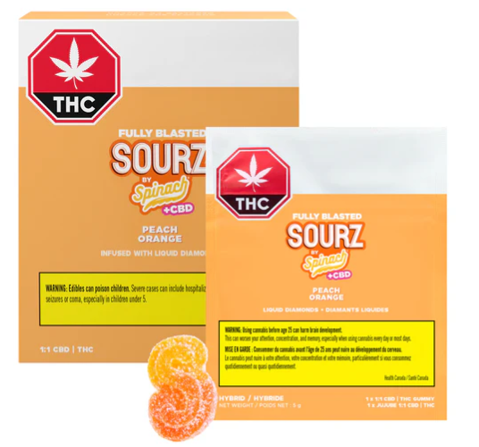 SOURZ by Spinach : Fully Blasted Peach Orange 1:1 THC:CBD Sourz (10pk)