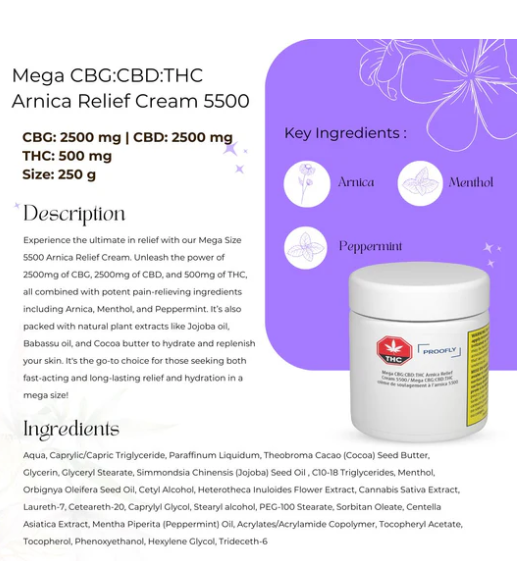 Proofly : Mega CBG+CBD+THC 5500 Arnica Relief Cream (250g)