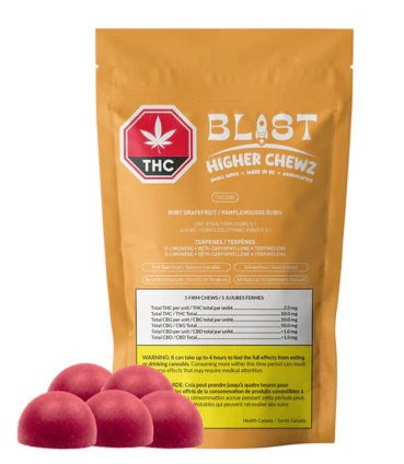 Blast - Ruby Grapefruit Live Rosin Thc:Cbg Higher Chewz (5x2mg thc:10mg cbg)