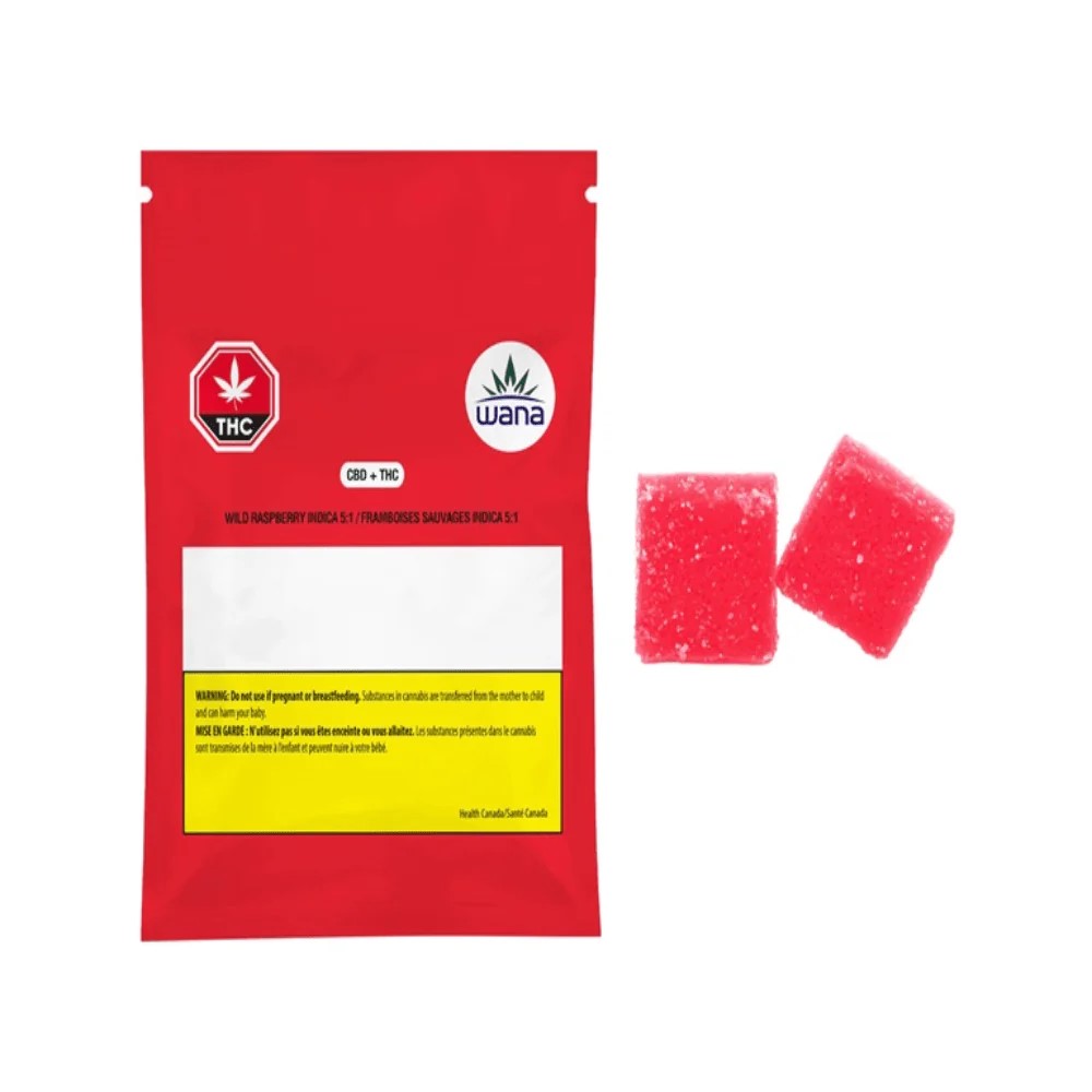 Wana : WILD RASPBERRY 5:1 CBD/THC INDICA CHEWS - WILD RASPBERRY 5:1 CBD/THC INDICA CHEWS (5mgTHC:25mgCBD)